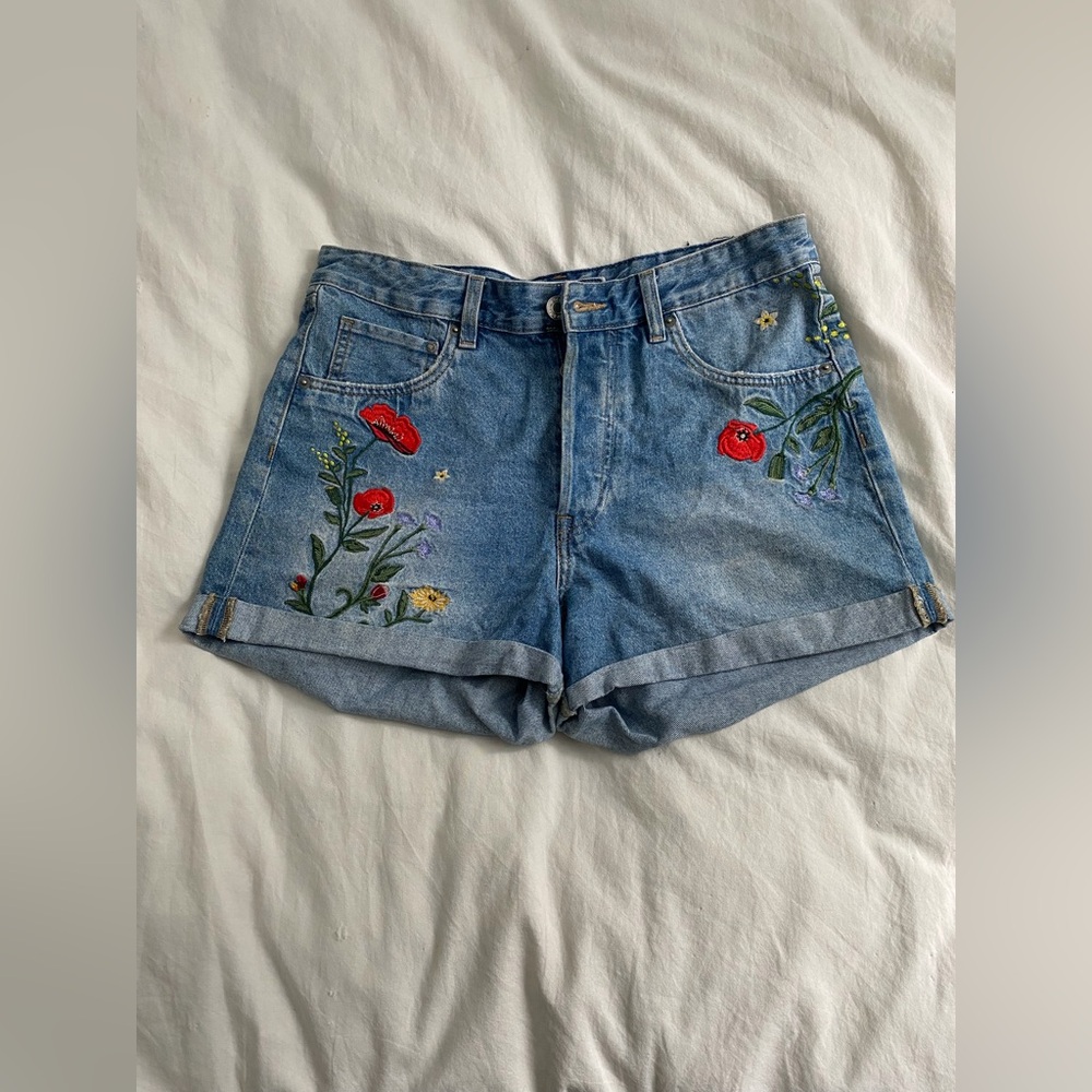 H&M Light Blue Denim Shorts with Red Floral Embroidery